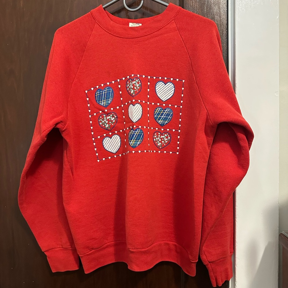 Red Sweatshirt with Heart and Plaid Design